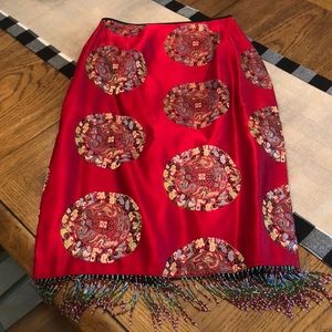 Asian inspired red silk skirt with bead fringe